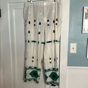 Zara embroidered pants new with tags. White linen green black embroidery